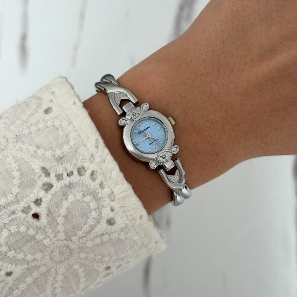 Sku0363 cute silver blue mini‎ watch vintage style +gift box/bag stainless steel